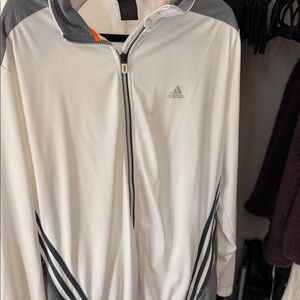 adidas White and Gray Hooded Zip Jacket with Sport Stripes